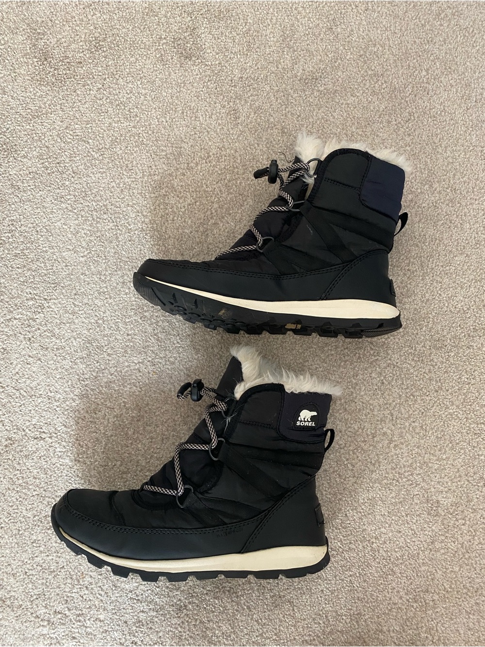 Sorel Black and White kids Winter Lace-Top Snow Boots with Faux Fur Collar